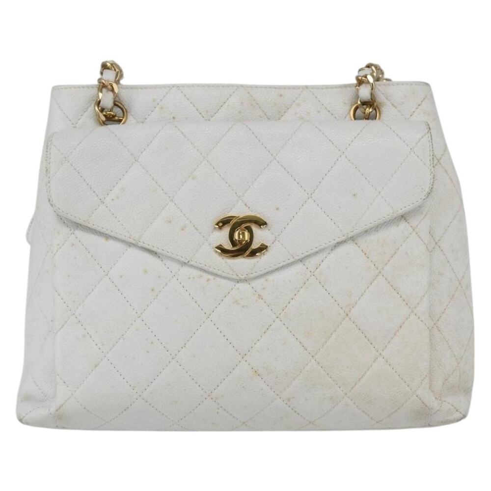 Chanel Matelasse Chain Shoulder Bag Caviar White Gold